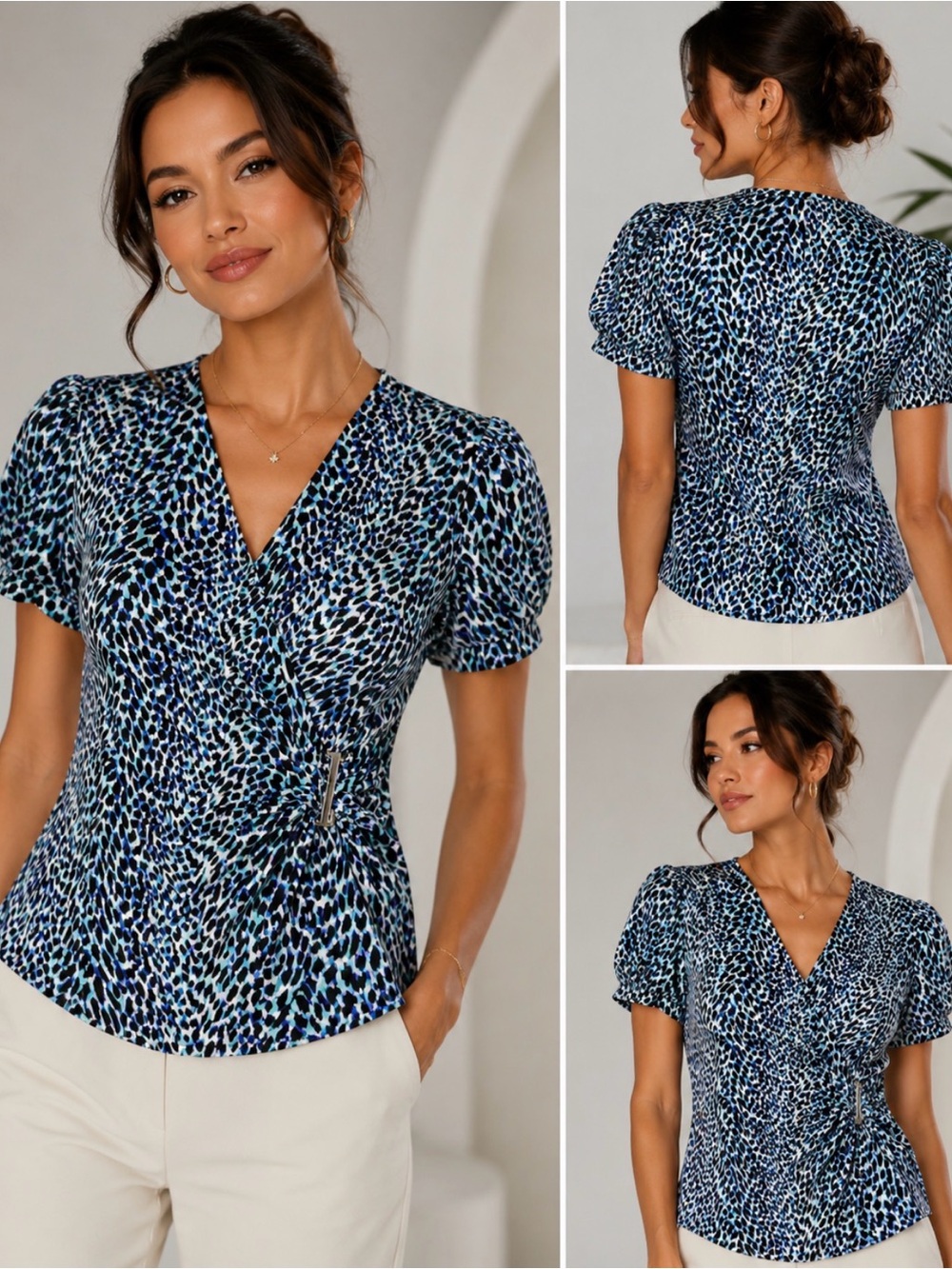 212 Collection Black, Blue & Teal Printed V-Neck Wrap Top
